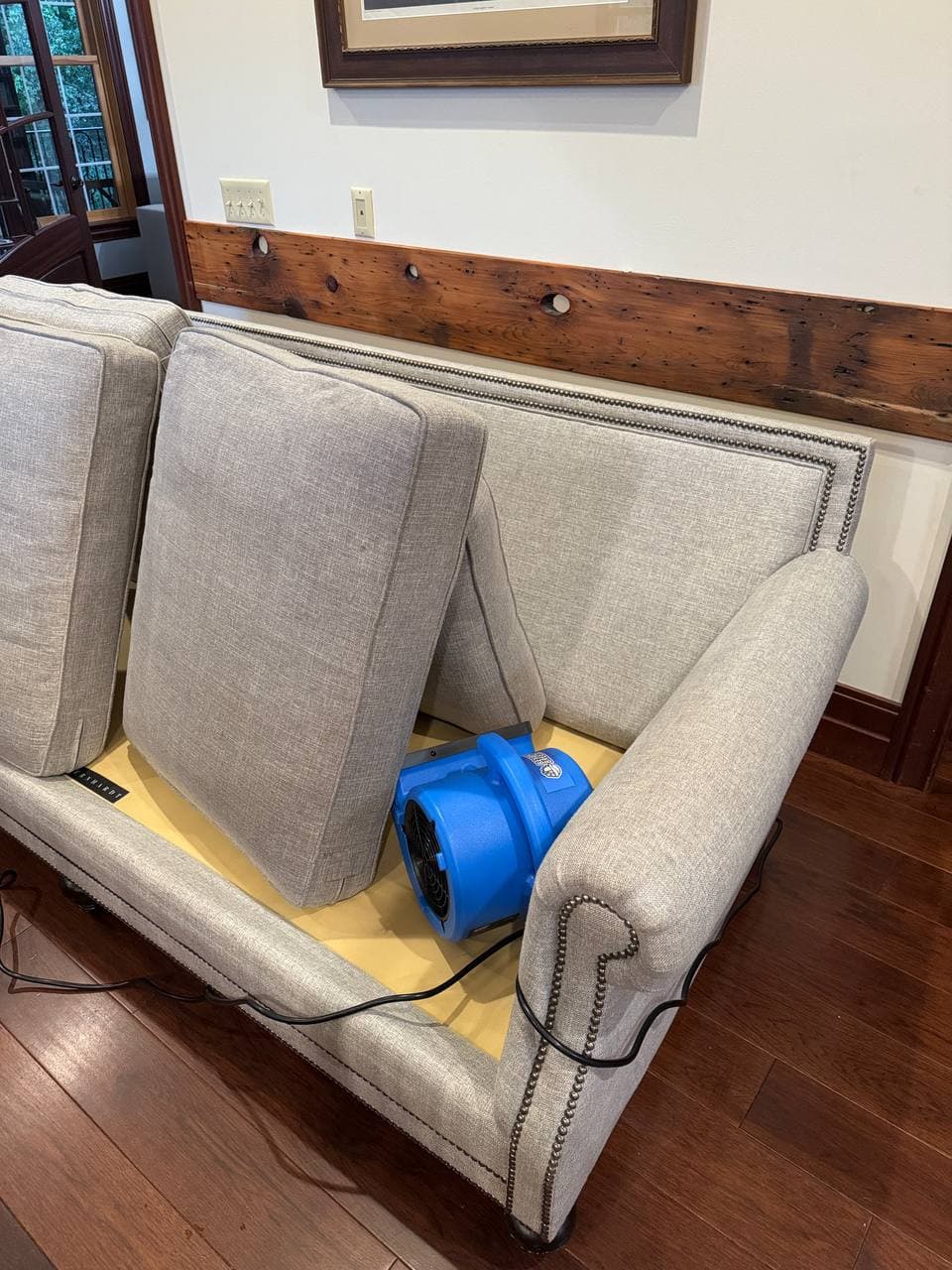 PureLoom drying setup with air movers after upholstery cleaning