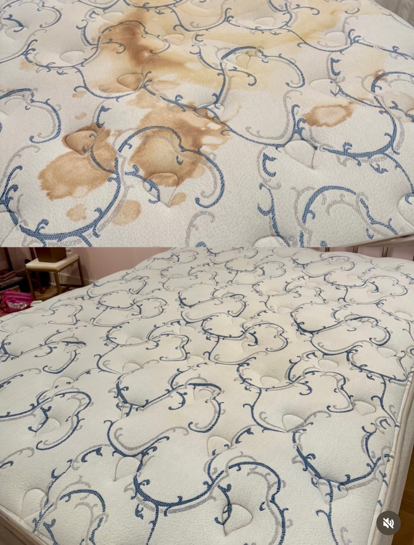 Same mattress top: before PureLoom cleaning with visible staining, bottom: after cleaning